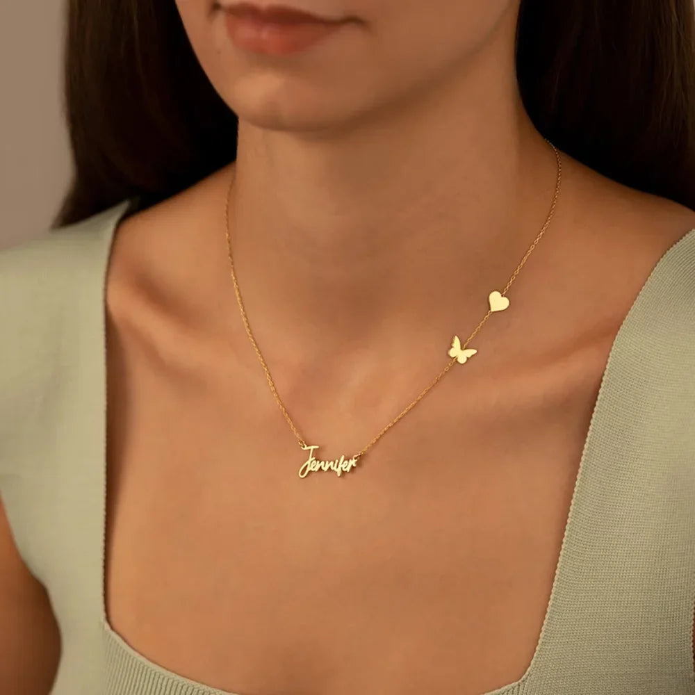 Custom Name Stainless Steel Heart Butterflys Pendant
