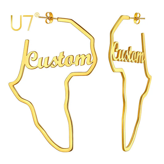 Customized Name on Hollow Out Africa Map Fame Hoop Earrings for Women