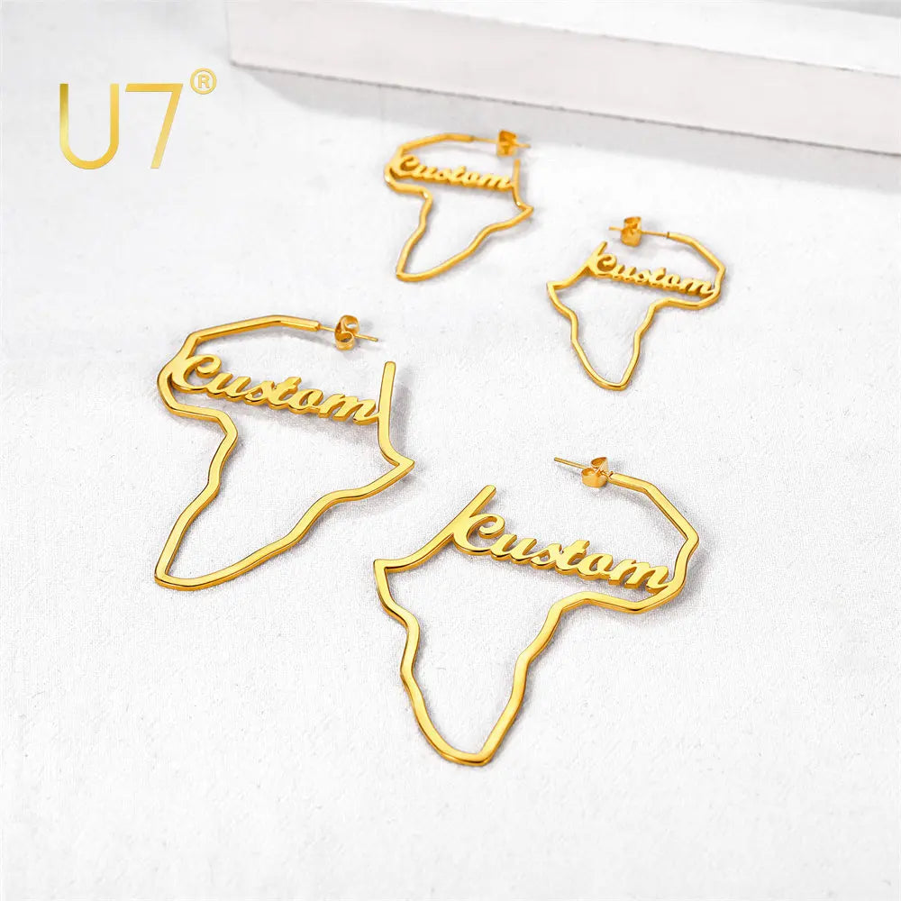 Customized Name on Hollow Out Africa Map Fame Hoop Earrings for Women