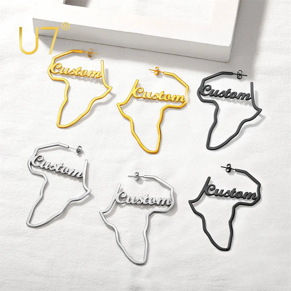 Customized Name on Hollow Out Africa Map Fame Hoop Earrings for Women